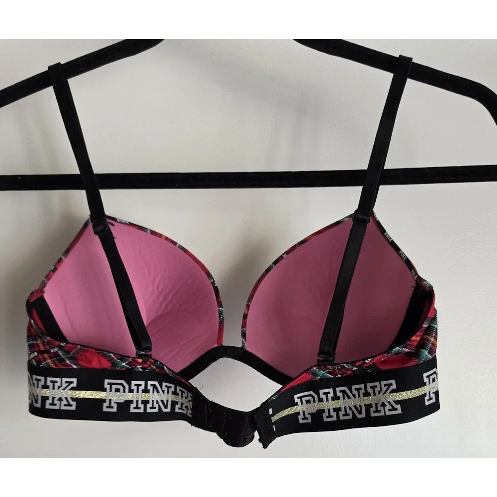 Victoria's Secret PINK Bralette Plaid Red Green Black White Longline 23